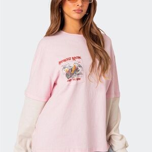 Edikted racing oversized layering shirt Women's Pink Graphic Short-Sleeve Tee